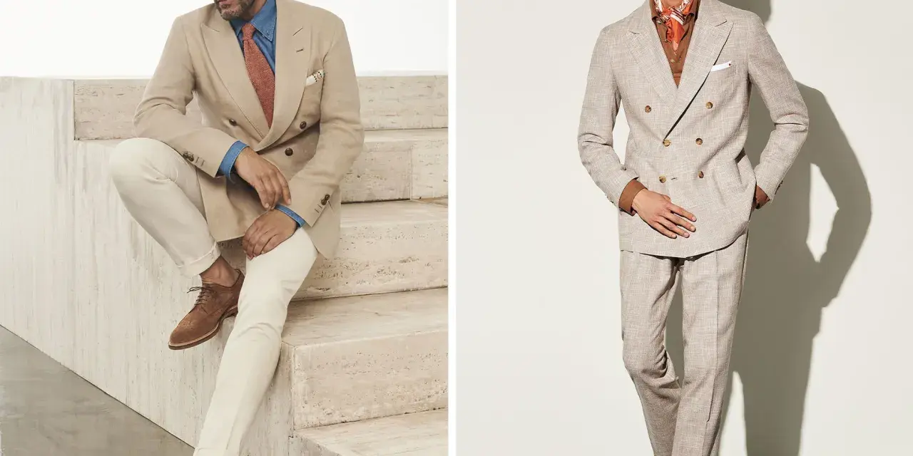 Uomo elegante in completo beige, perfetto come vestito matrimonio uomo ospite. Stile raffinato per un evento speciale.
