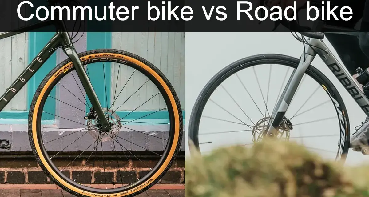Split image shows a commuter bike with tan tires on the left and a road bike with slick tires on the right, highlighting their differences.