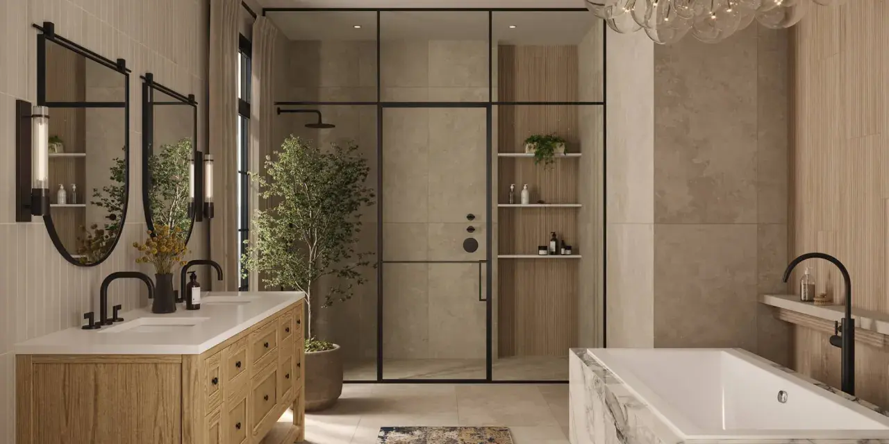A modern bathroom remodel featuring a wooden vanity, glass shower, and marble bathtub.