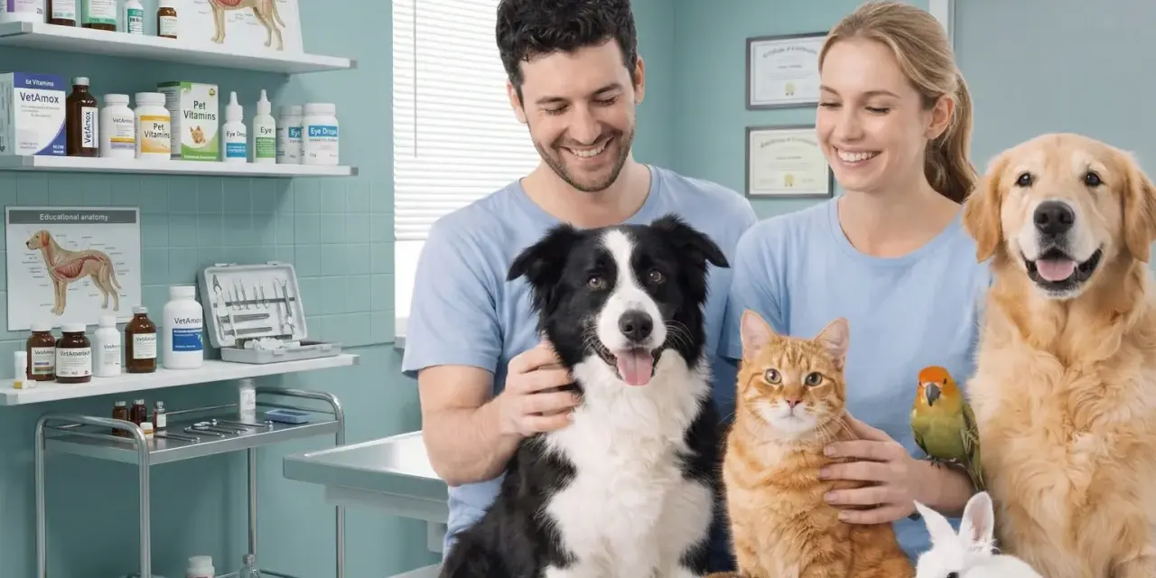 Coppia felice con animali domestici, ideale per corsi di animal care. Un cane, un gatto, un coniglio, un porcellino d'India, una tartaruga, un pappagallo e un cane più grande.