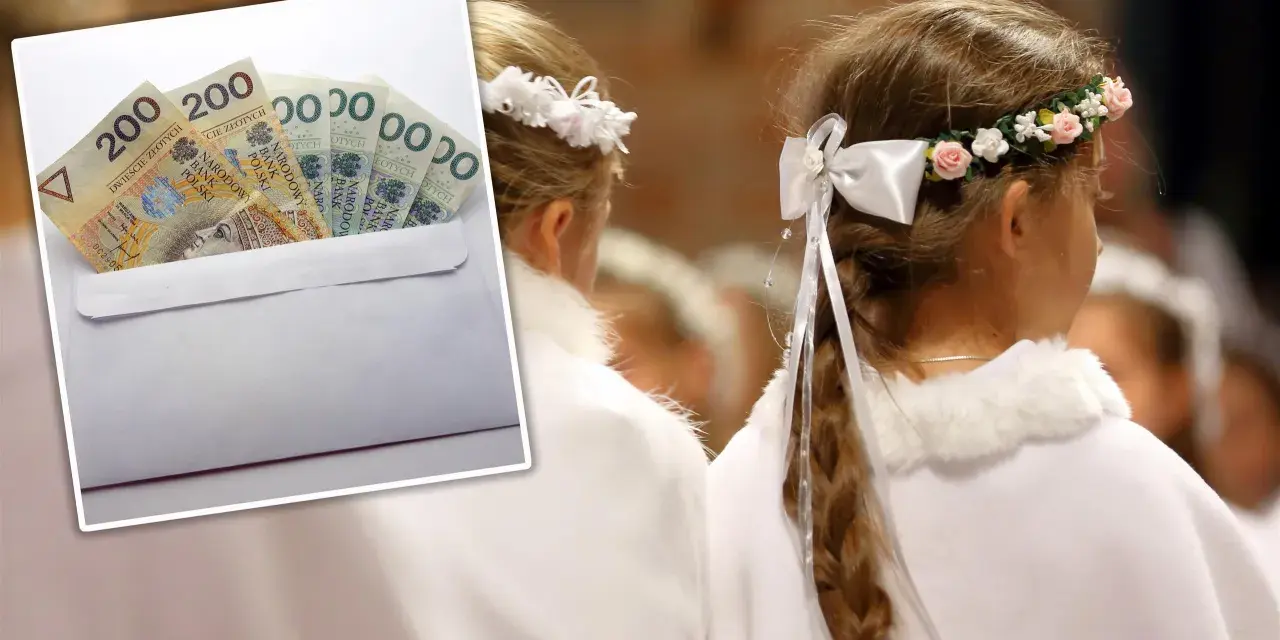 Koperta z pieniędzmi i dziewczynki w białych strojach komunijnych.