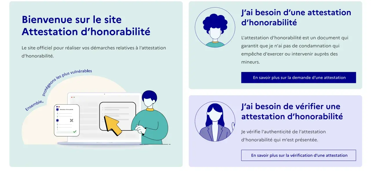 Illustration d'un site web présentant des informations sur l'attestation d'honorabilité, avec des icônes et des textes explicatifs.