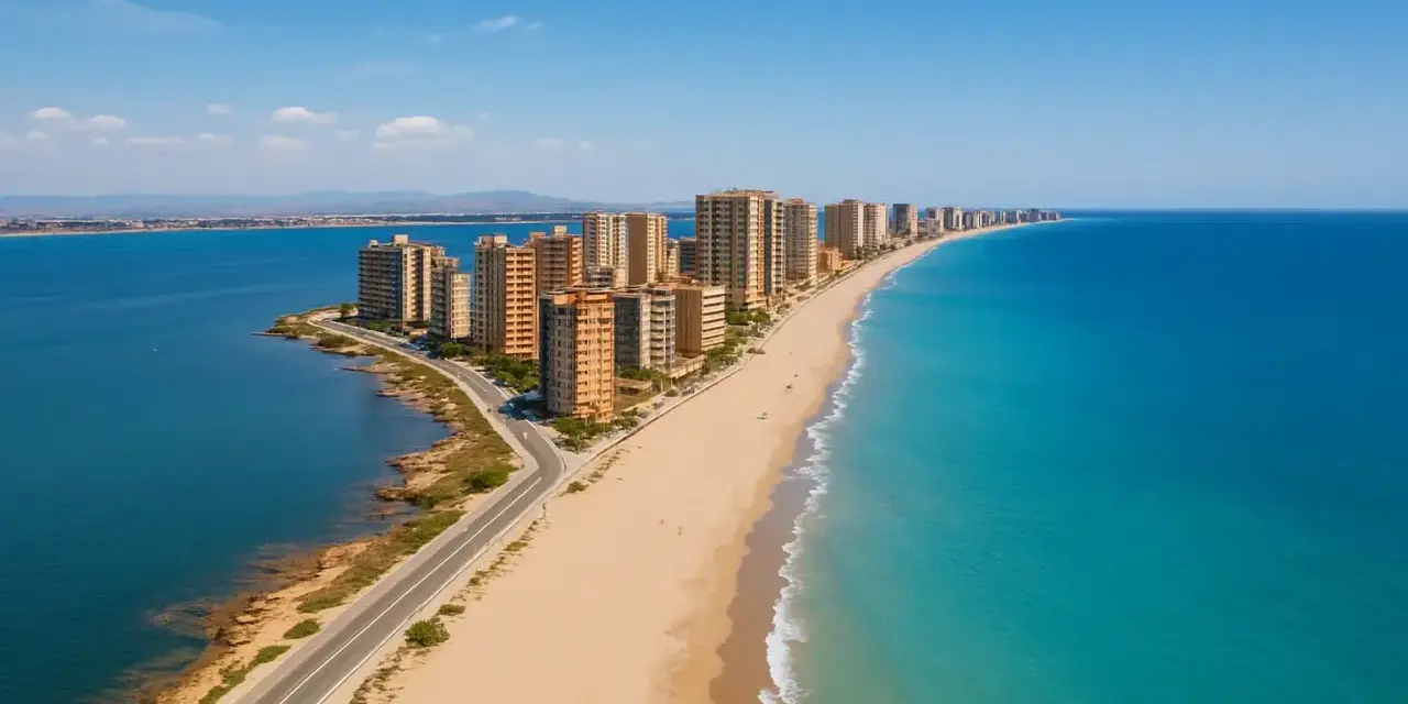 Hohe Gebäude säumen eine lange Sandbucht mit türkisfarbenem Meer und blauer Lagune.
