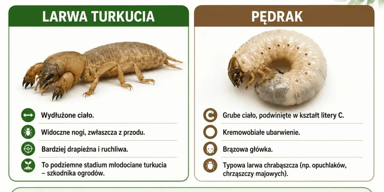 Porównanie larwy turkucia i pędraka. Larwa turkucia jest wydłużona i ruchliwa, pędrak gruby, zwinięty w C.