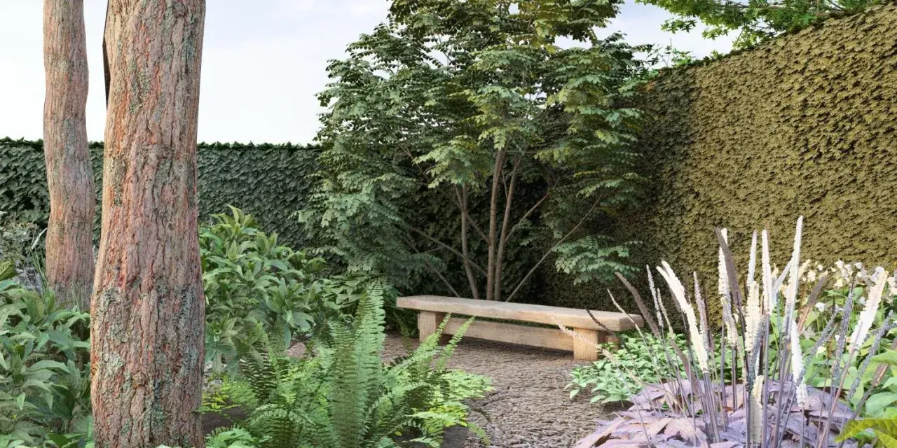 En lugn plats i trädgården med en träbänk, frodig grönska och en mur av murgröna. Perfekt skogstomt inspiration för avkoppling.