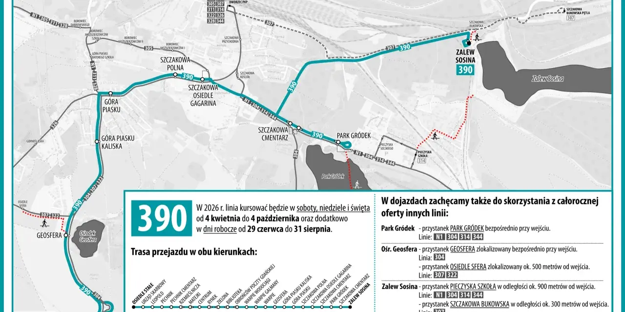 Mapa z trasą linii 390 PKM Jaworzno do Zalewu Sosina i Parku Gródek. Rozkład jazdy autobusów.