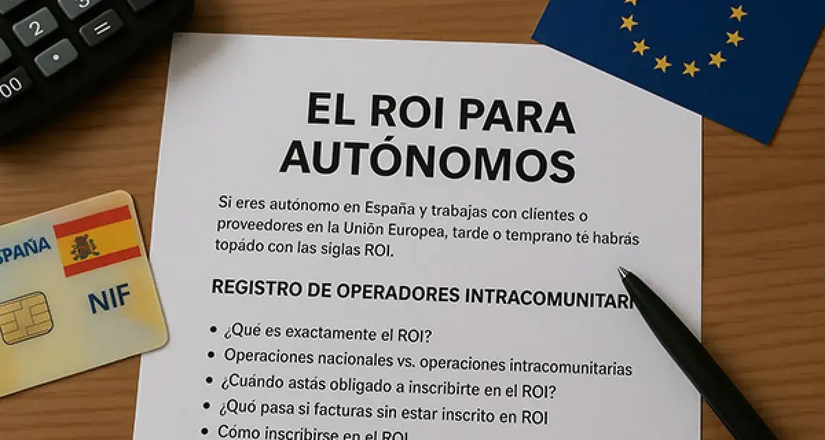 Documento sobre el ROI para autónomos, con un NIF español y la bandera de la UE. Explica el registro de operadores intracomunitarios.