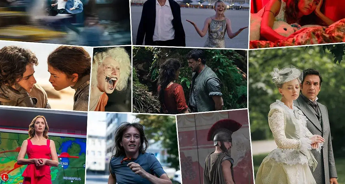 Kolaż scen z filmów, w tym z "mit o powstaniu świata film". Widzimy pary, samotne postacie i sceny akcji.