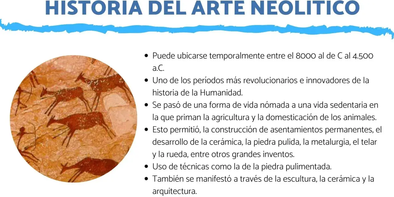Pinturas rupestres de cazadores y ciervos, un ejemplo del arte del neolítico, que muestra la transición a la vida sedentaria y el desarrollo de la agricultura.