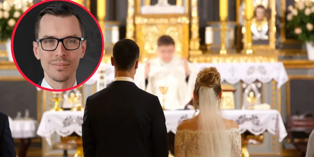 Mężczyzna w okularach obok pary młodej przed ołtarzem. Czy można wziąć ślub kościelny więcej niż raz?