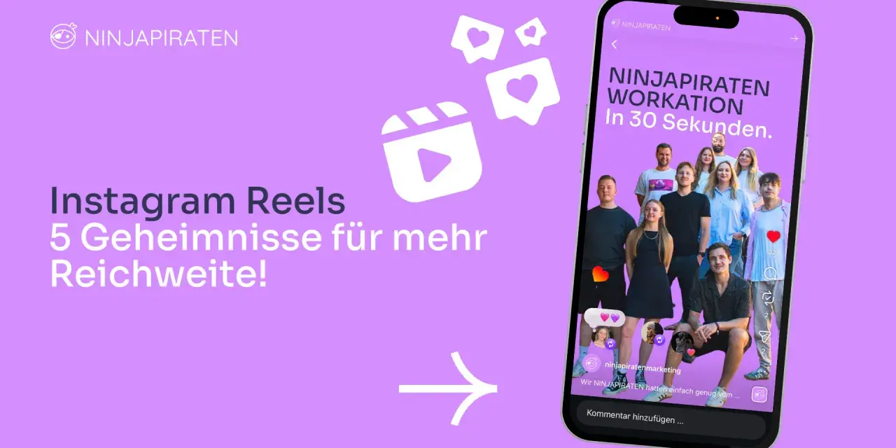 Instagram Reel-Symbol und ein Smartphone mit einer Gruppe von Menschen und Text.