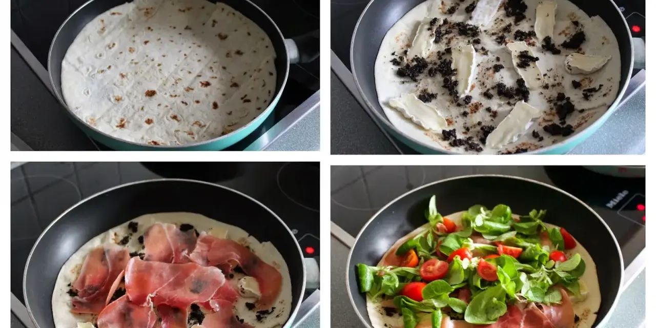 Przygotowanie piadiny z serem brie, oliwkami i szynką parmeńską, a na koniec dodatek świeżej sałatki i pomidorków.