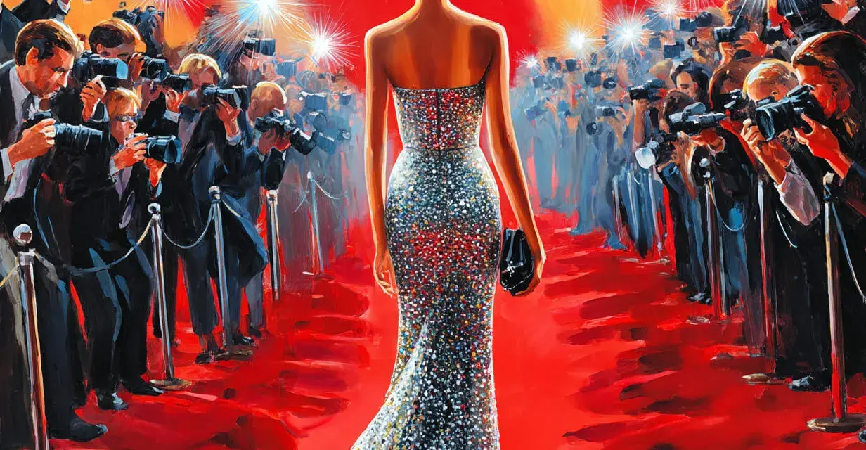 Eine Frau in einem glitzernden Kleid schreitet über den roten Teppich, umgeben von Blitzlichtgewittern und Fotografen. Ein glamouröser gala abend.