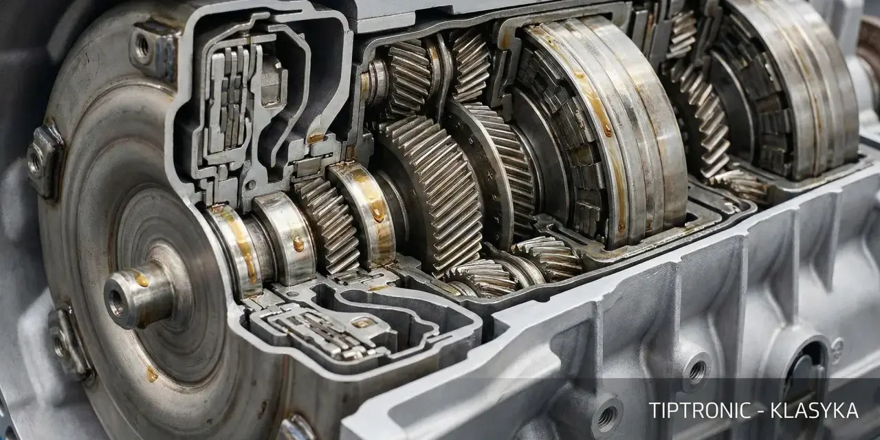 Przekładnia multitronic Audi w przekroju, ukazująca skomplikowany mechanizm kół zębatych i sprzęgła. Klasyka inżynierii.