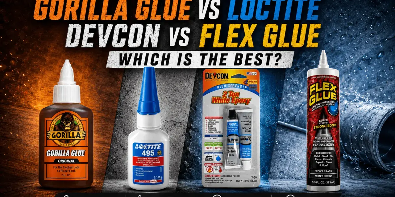 Gorilla Glue, Loctite, Devcon, and Flex Glue are compared for their strength. This image showcases products that offer the strongest glue for resin repairs.