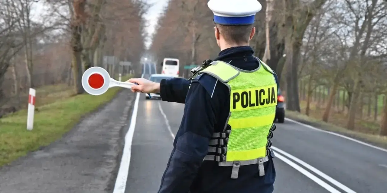 Policjant w kamizelce odblaskowej zatrzymuje ruch, by sprawdzić, ile promili ma kierowca.
