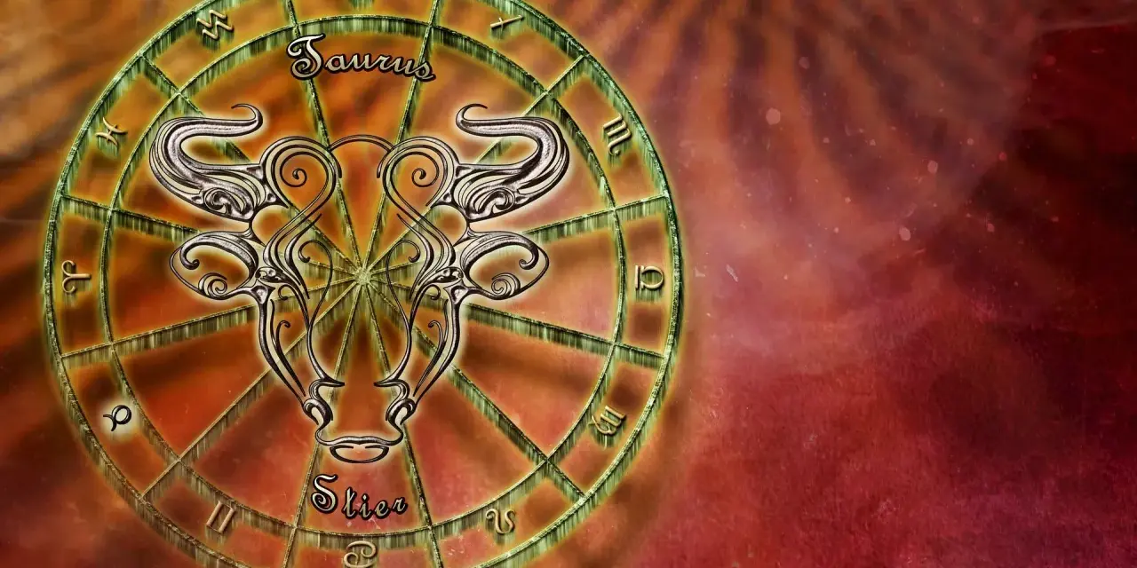 Znak zodiaku Byk (Taurus) w kole zodiakalnym, ozdobiony stylizowanym wizerunkiem głowy byka.