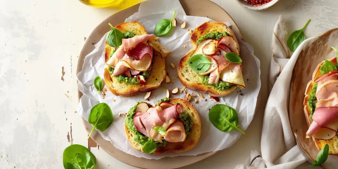 Pyszne kanapki z chrupiącą grzanką, aromatycznym pesto na kanapki, wędliną i świeżą bazylią.