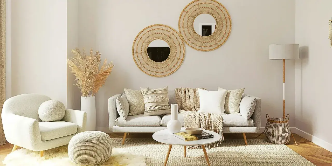 Przytulny salon w stylu scandi chic: jasna sofa, fotel, okrągłe lustra z plecionki, dywan i dekoracje z trawy pampasowej.