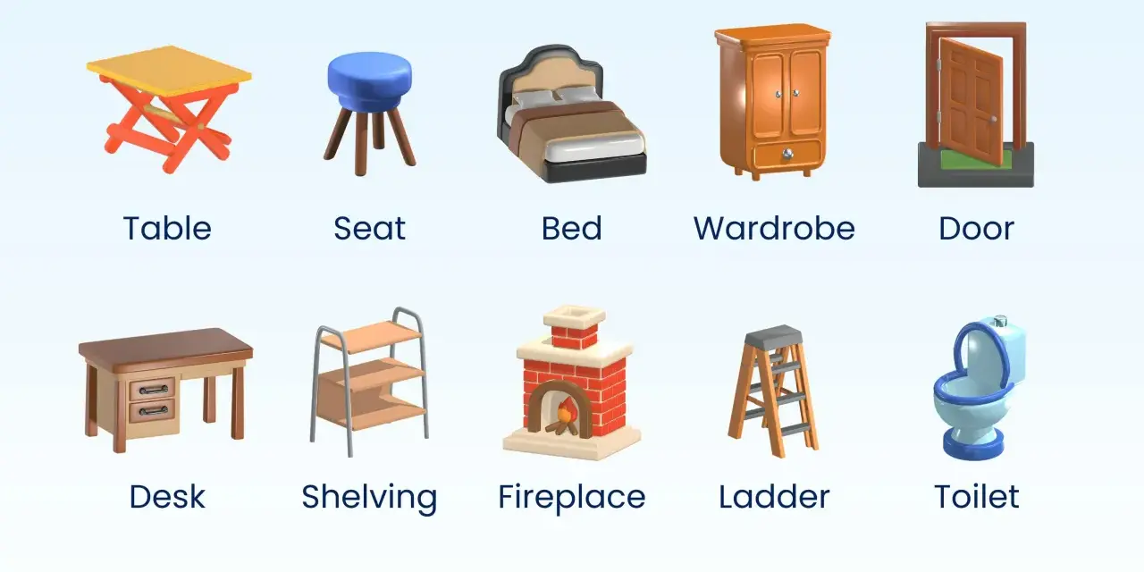 Ilustracja prezentuje meble: Table, Seat, Bed, Wardrobe, Door, Desk, Shelving, Fireplace, Ladder, Toilet.