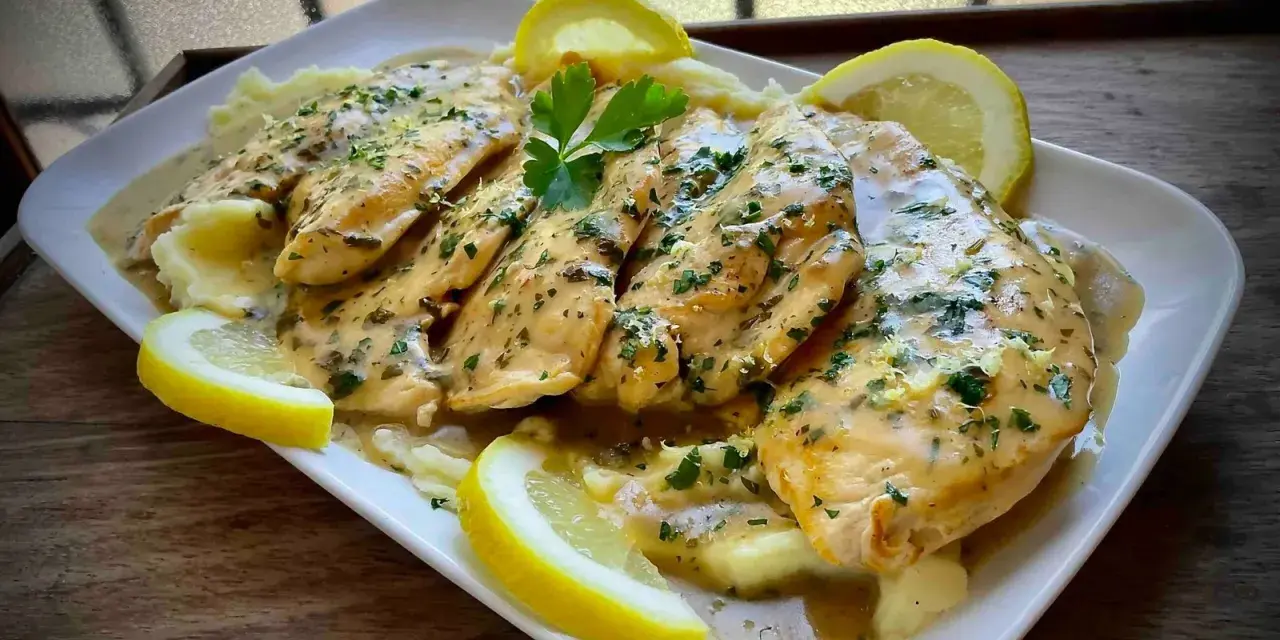 Delicioso pollo al limón con puré de patatas, adornado con perejil fresco y rodajas de limón.