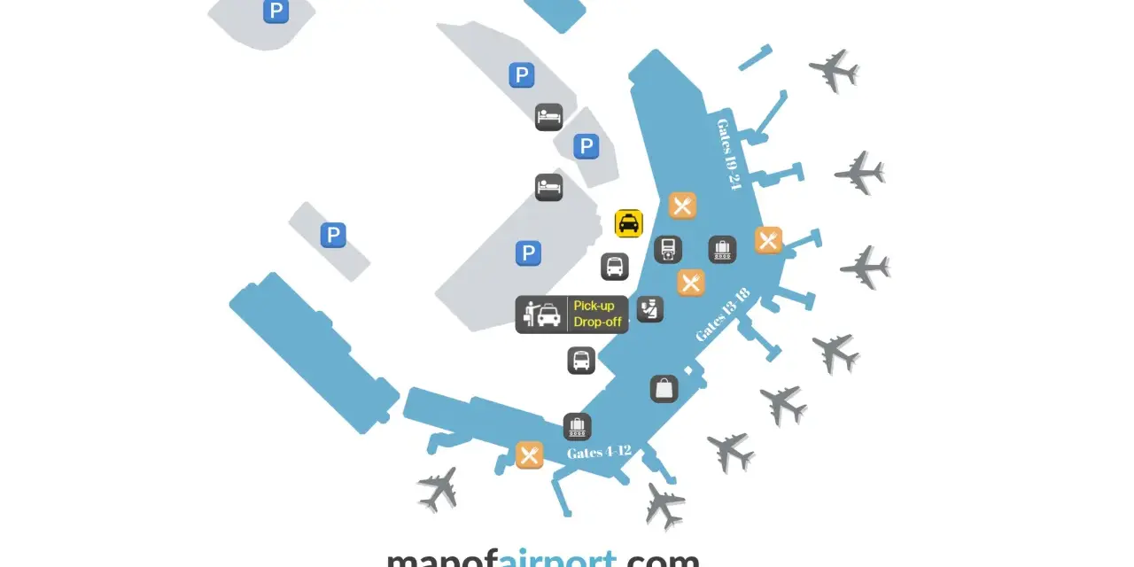 Plan lotniska Stavanger (SVG) z zaznaczonymi parkingami, bramkami, punktami odbioru/odwozu, hotelami i innymi udogodnieniami.