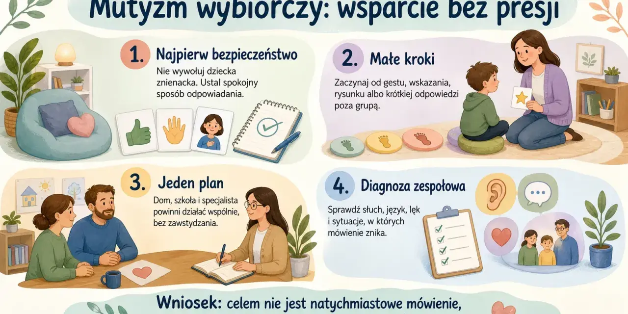 Ilustracja przedstawia cztery kroki wsparcia dla dzieci z mutyzmem wybiórczym: bezpieczeństwo, małe kroki, wspólny plan i diagnoza.