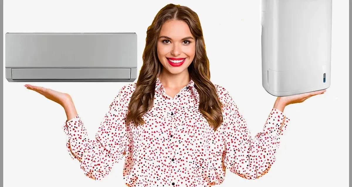 Donna sorridente mostra un condizionatore e un deumidificatore, utile per capire a quanto impostare il deumidificatore in inverno per un comfort ottimale.