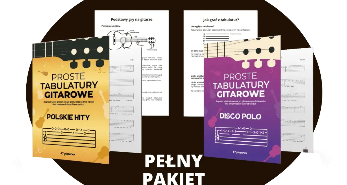 Zestaw materiałów do nauki gry na gitarze, w tym tabulatury z piosenkami o lecie dla dorosłych. Idealny dla początkujących.