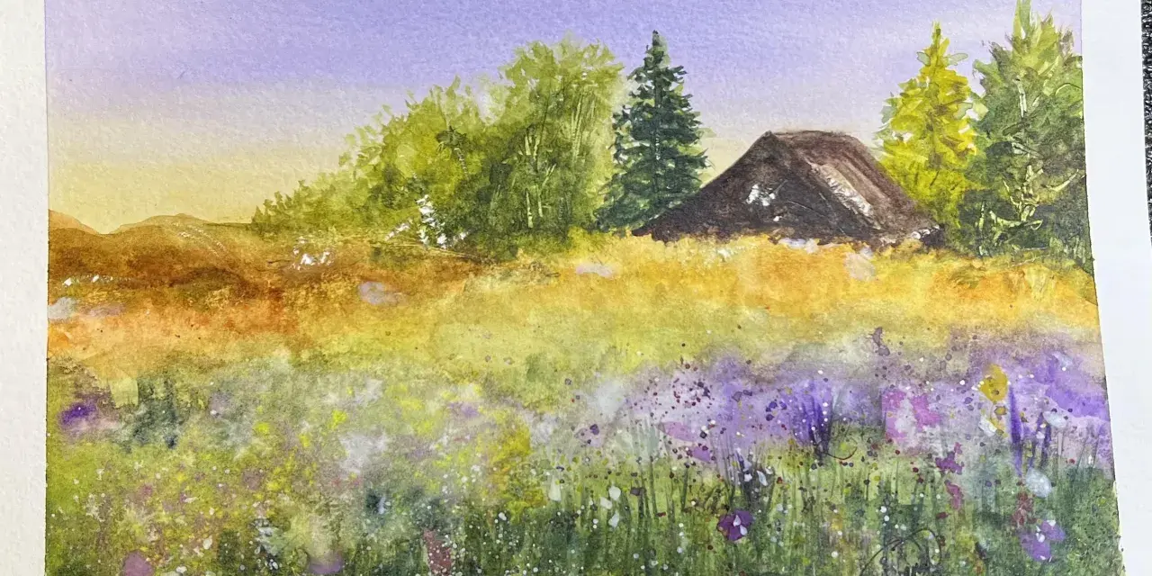 Photo aquarelle d'un paysage champêtre avec un ciel violet, des collines, des arbres et une petite maison.