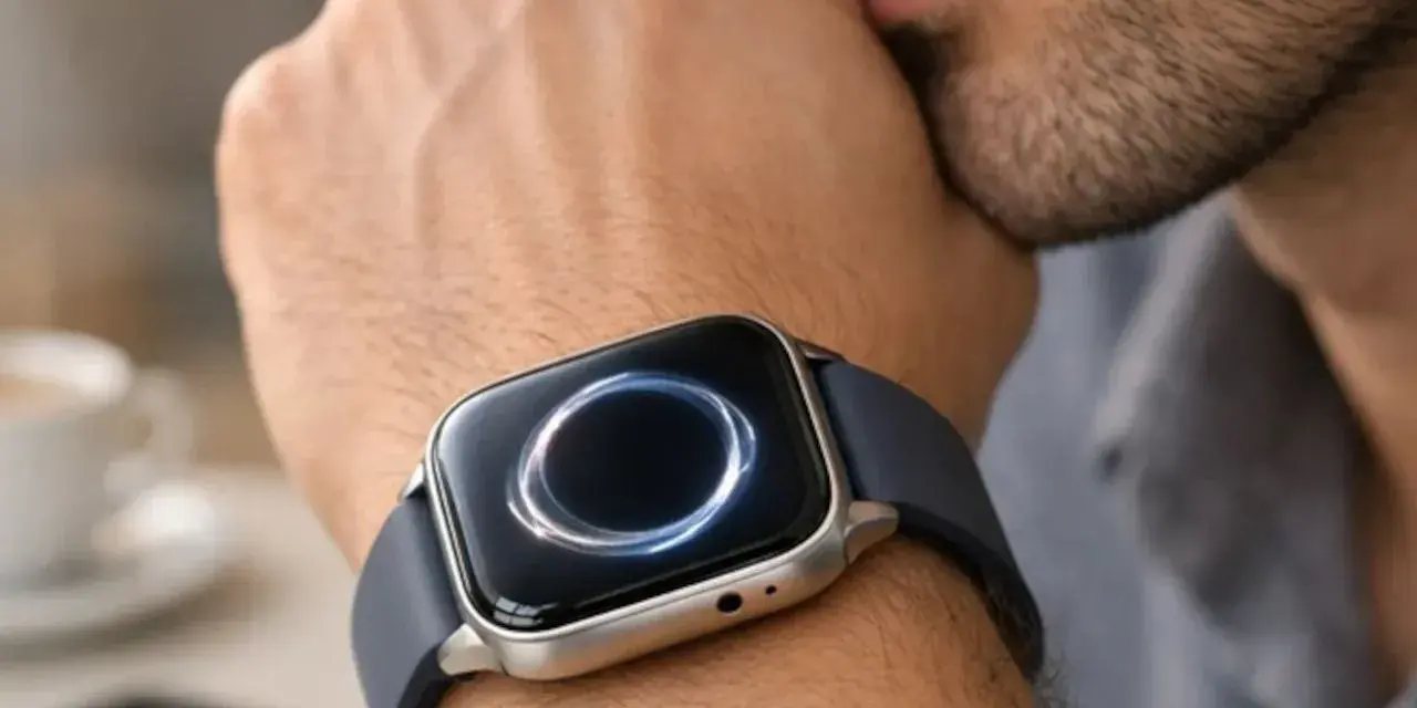 Mężczyzna zamyślony, z dłonią przy ustach, nosi smartwatch z funkcją esim. Elegancki gadżet na nadgarstku.
