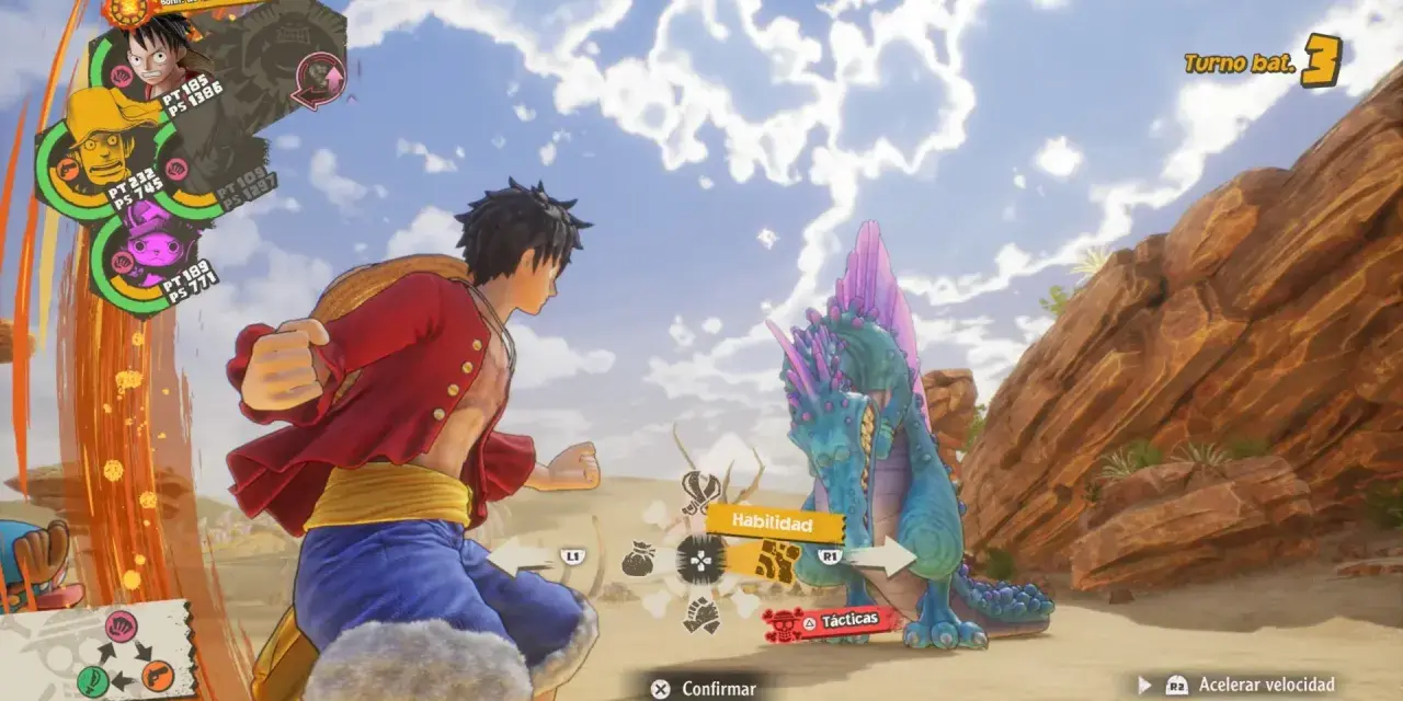 Luffy se enfrenta a un dragón en One Piece Odyssey. El turno 3 del combate está activo.