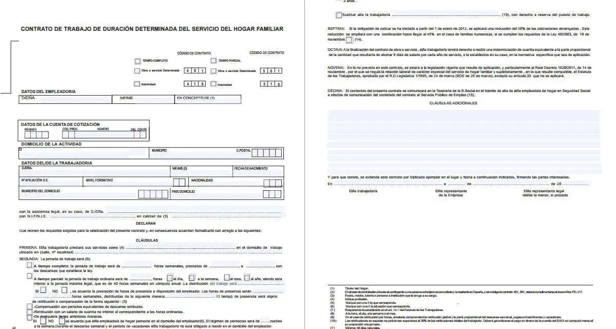 Contrato de trabajo de empleada de hogar. Detalla cuánto cuesta dar de alta a una empleada de hogar, incluyendo datos del empleador, trabajador y cláusulas.
