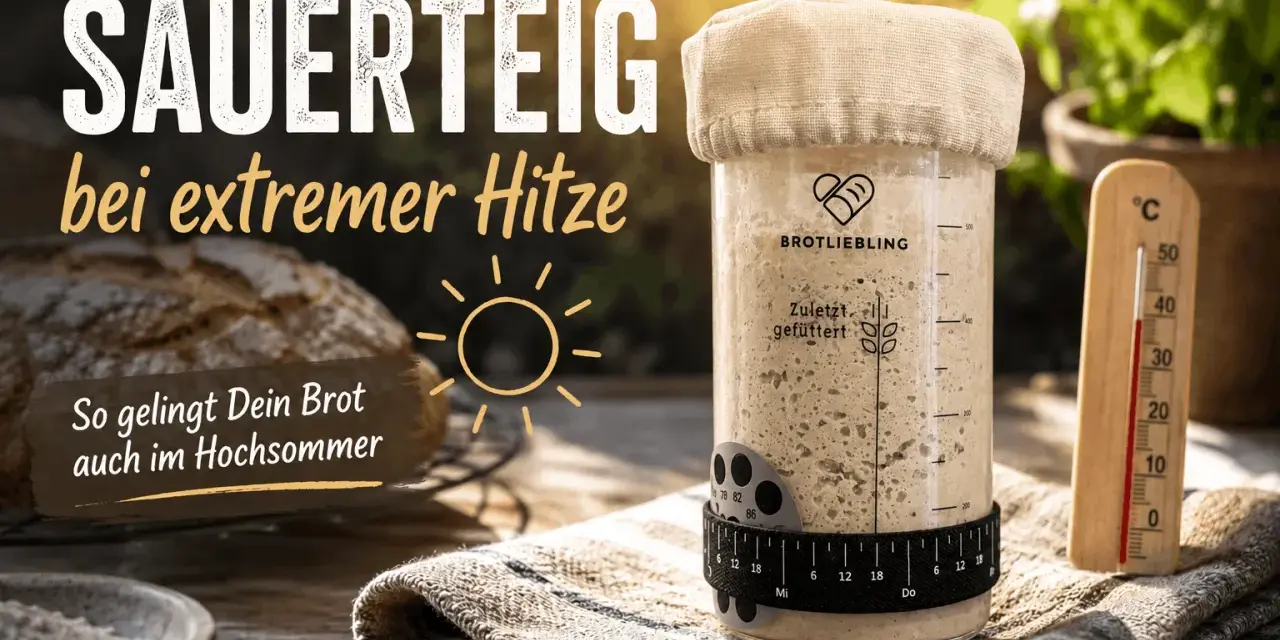 Sauerteig bei extremer Hitze: Ein Glas Sauerteig, ein Thermometer zeigt hohe Temperatur, Brot im Hintergrund. So gelingt Brot auch im Hochsommer.