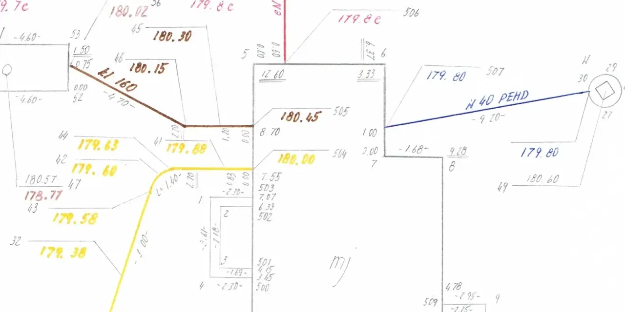 Oznaczenie linii energetycznych na mapie, z zaznaczonymi wysokościami i parametrami, np. "N 40 PEHD".