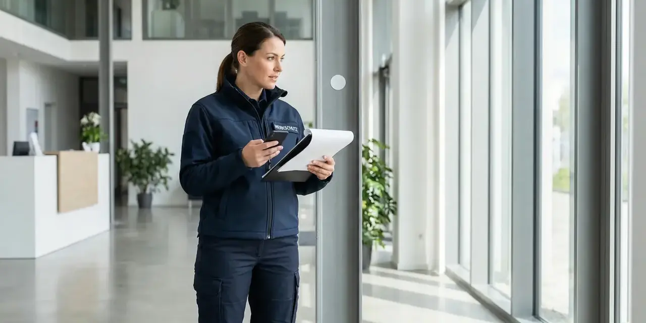 Sicherheitsmitarbeiterin mit Klemmbrett und Handy, bereit für ihre 12-Stunden-Schicht im Sicherheitsgewerbe.