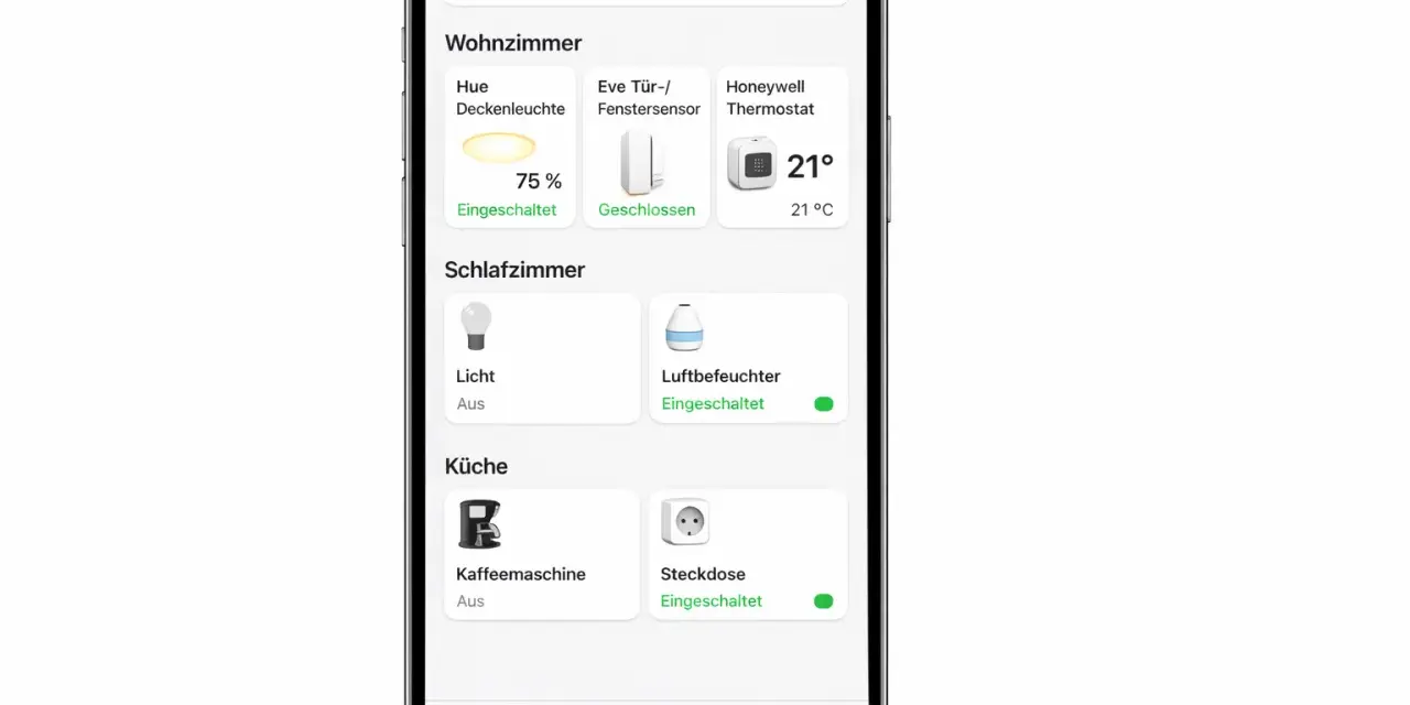 Smart Home App zeigt Geräte in verschiedenen Räumen. Die Hue Deckenleuchte ist eingeschaltet, der Thermostat zeigt 21 Grad. Ein Beispiel für die Organisation von Geräten, die man mit Apple Home steuern kann.