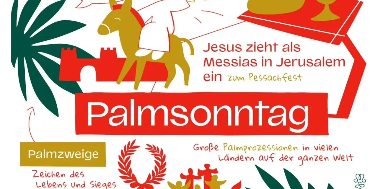 Jesus zieht auf einem Esel nach Jerusalem ein. Der Text beschreibt den Palmsonntag 2026, Palmzweige und Palmprozessionen.