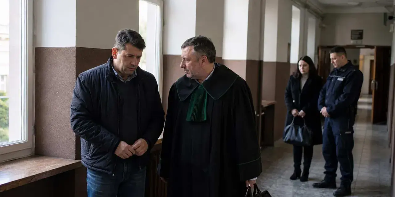 Mężczyzna w todze prawniczej rozmawia z oskarżonym. W tle policjant i kobieta, być może świadkowie w sprawie o znęcanie.