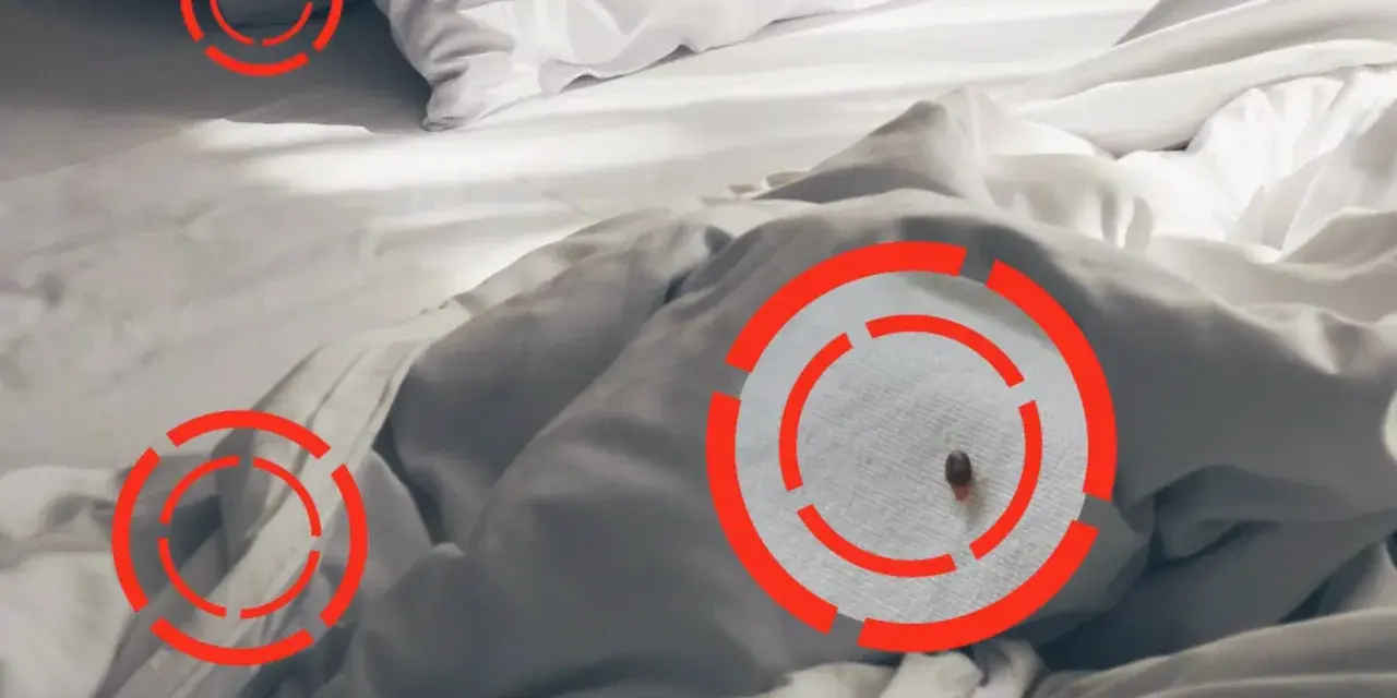 Una chinche en la cama, señalada con círculos rojos. Aprende cómo quitar las chinches de la cama para un descanso seguro.
