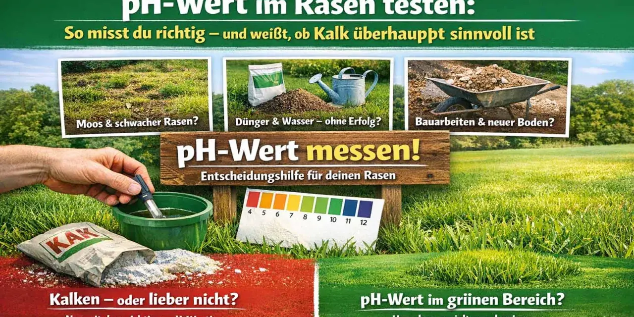 Rasen-pH-Wert 7 ist ideal. Ein Teststreifen zeigt den Wert an. Kalken nur bei Bedarf.