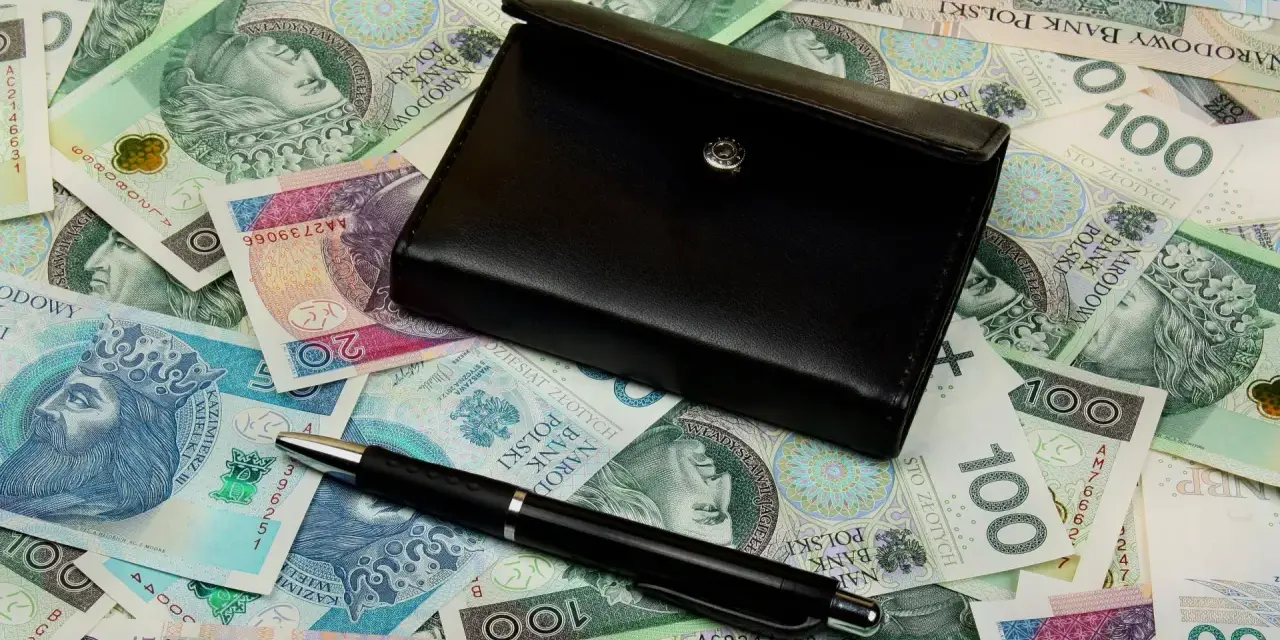 Czarny portfel i długopis leżą na stosie polskich banknotów.