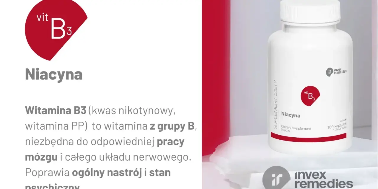 Niacyna, czyli witamina PP, wspiera pracę mózgu i układu nerwowego, poprawiając nastrój. Opakowanie suplementu diety.