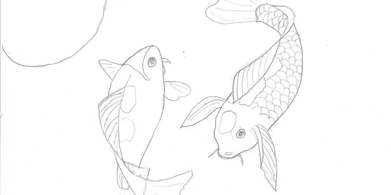 Två koi-karpar i blyerts, redo att måla fisk. En svagt böjd linje antyder en bubbla eller en vattenyta.