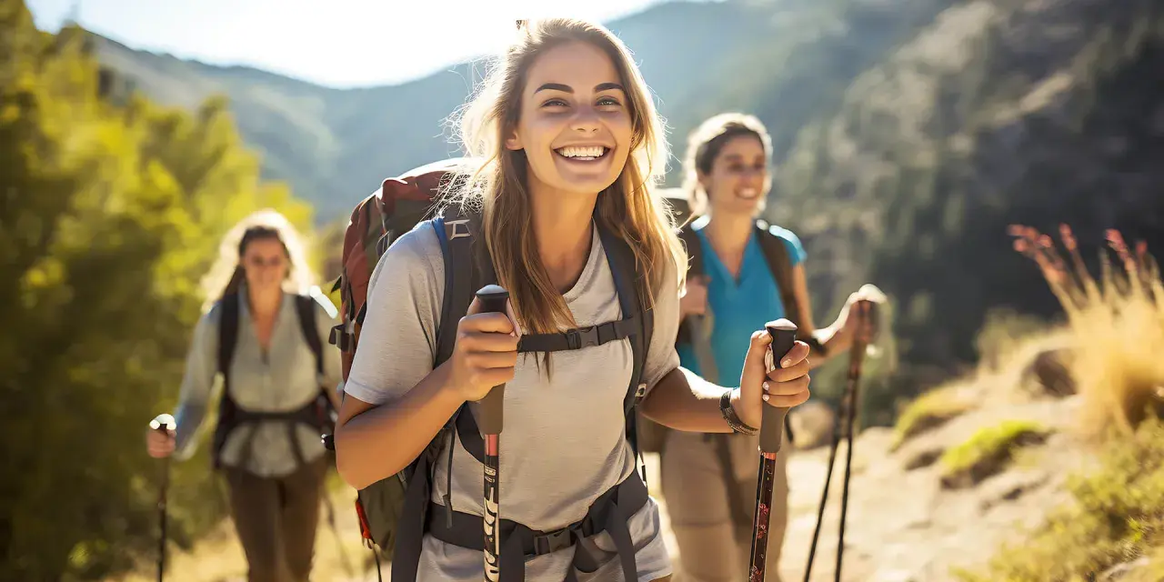 Uśmiechnięte kobiety podczas trekkingu w górach, cieszące się wędrówką.
