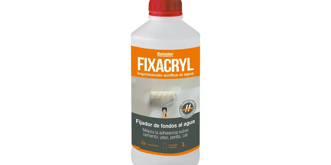 Botella de Fixacryl, imprimación acrílica al agua. Ideal para mejorar adherencia en cemento, yeso, perlita y cal. Transpirable y resistente a álcalis.