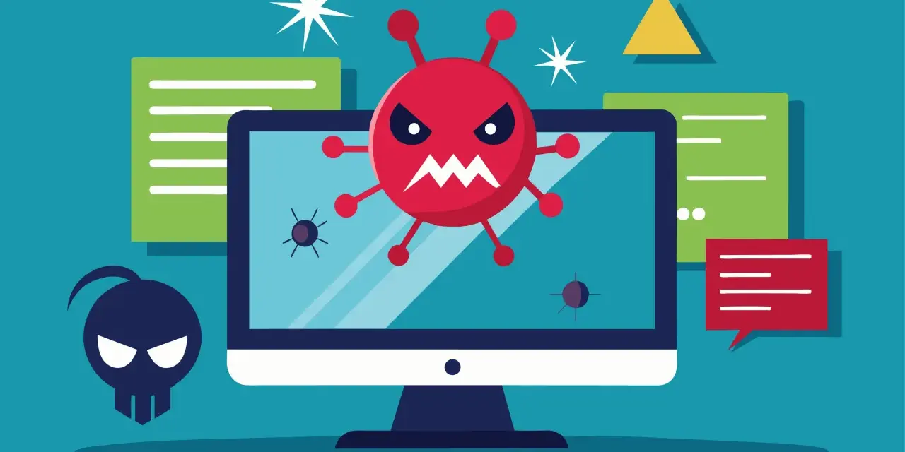 Un virus de internet ataca un ordenador. Un monstruo rojo con cara de enfado sale de la pantalla, mientras un skull hacker acecha.