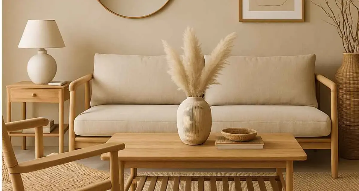Soggiorno con pareti tortora sabbia, divano beige, tavolino in legno e sedia in paglia.