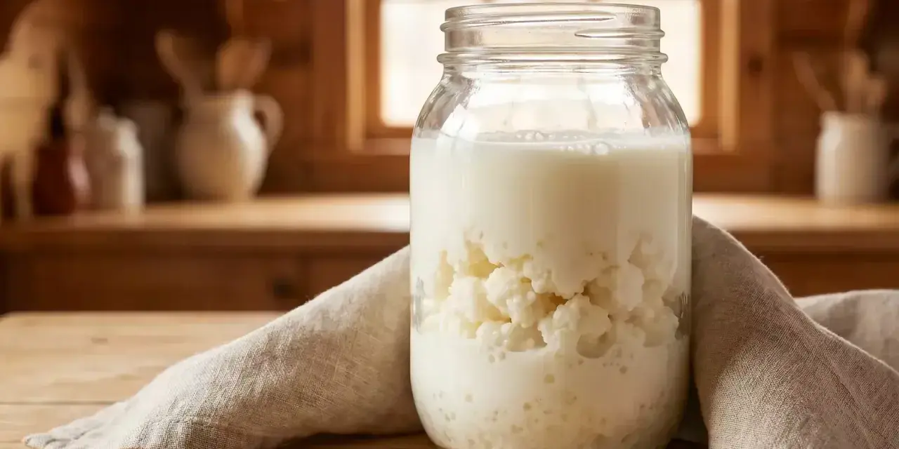 Ein Glas mit Kefir-Körnern und Milch steht auf einem Holztisch. Kefir ist ein fermentiertes Milchgetränk.