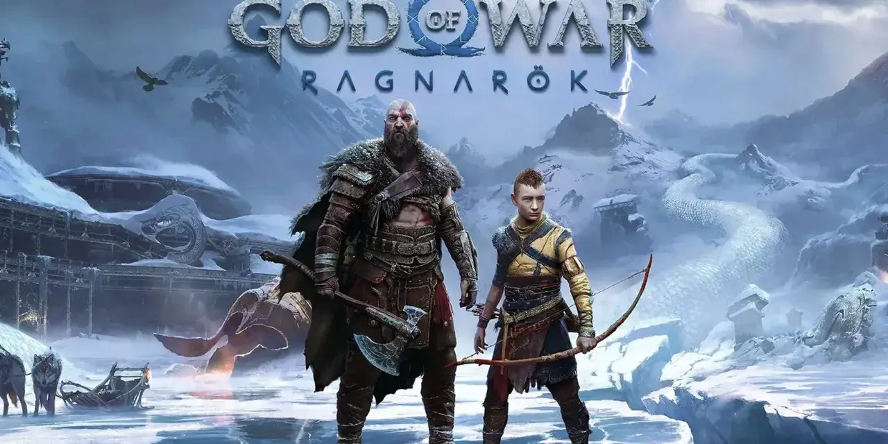 Kratos y Atreus se preparan para la aventura en los yermos de God of War Ragnarök, un paisaje helado con un dragón serpenteante.